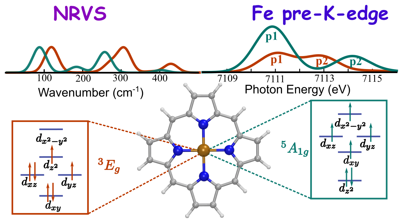Probing the spin states of tetra-coordinated iron(II) porphyrins by their vibrational and pre K-edge x-ray absorption spectra